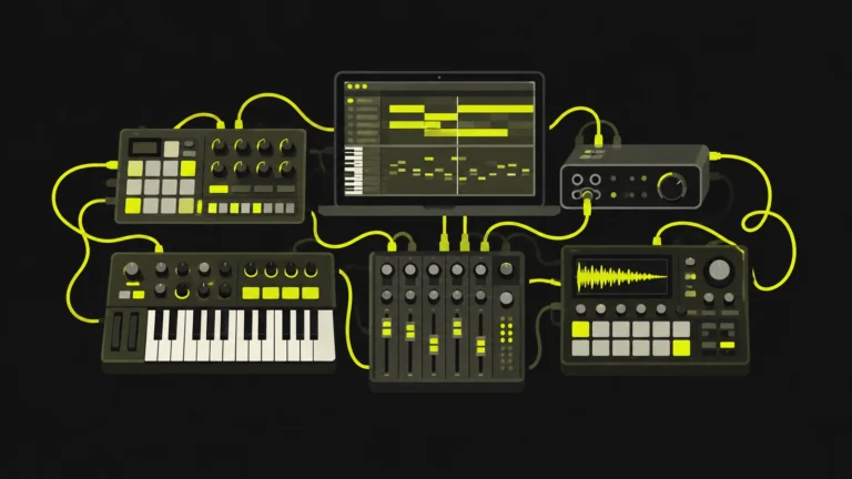 Electronic music production setup featuring a DAW, MIDI keyboard, drum machines, synthesizers and mixer connected with neon yellow cables on a dark background.