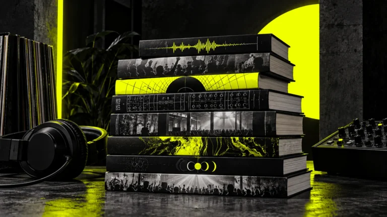 A stack of abstract electronic music books beside headphones and a mixer on a charcoal surface with bright acid-yellow accents.