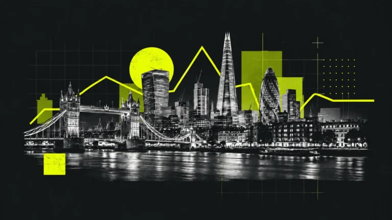 London skyline featuring Tower Bridge, The Shard and the Gherkin, with neon yellow geometric artwork representing underground electronic music.
