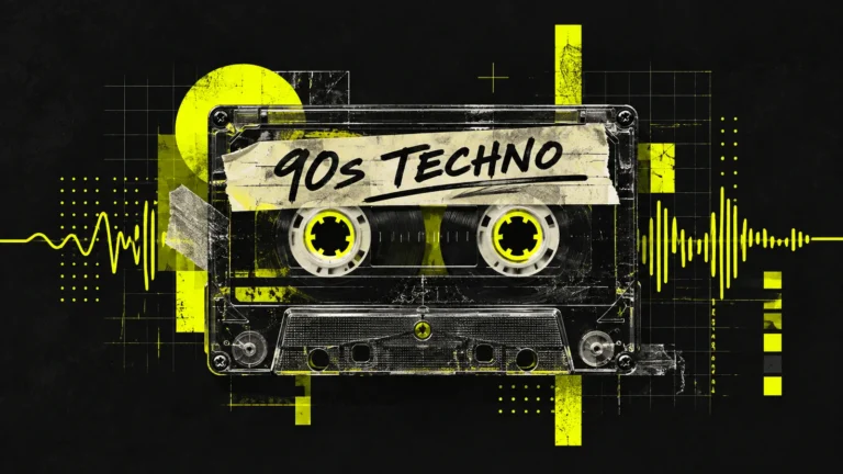 Vintage cassette tape with a handwritten 90s Techno label, surrounded by yellow audio waveforms on a dark charcoal background.