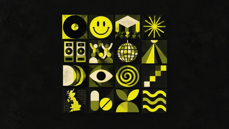 Geometric illustration of rave culture history featuring vinyl, acid house smiley, sound systems, dancers and underground party symbols.