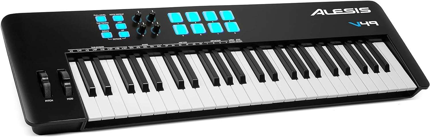 Alesis V49 MKII – USB MIDI Keyboard Controller with 49 Velocity Sensitive Keys, 8 Full Level Pads, Arpeggiator, Pitch:Mod Wheel, Note Repeat and Software Suite