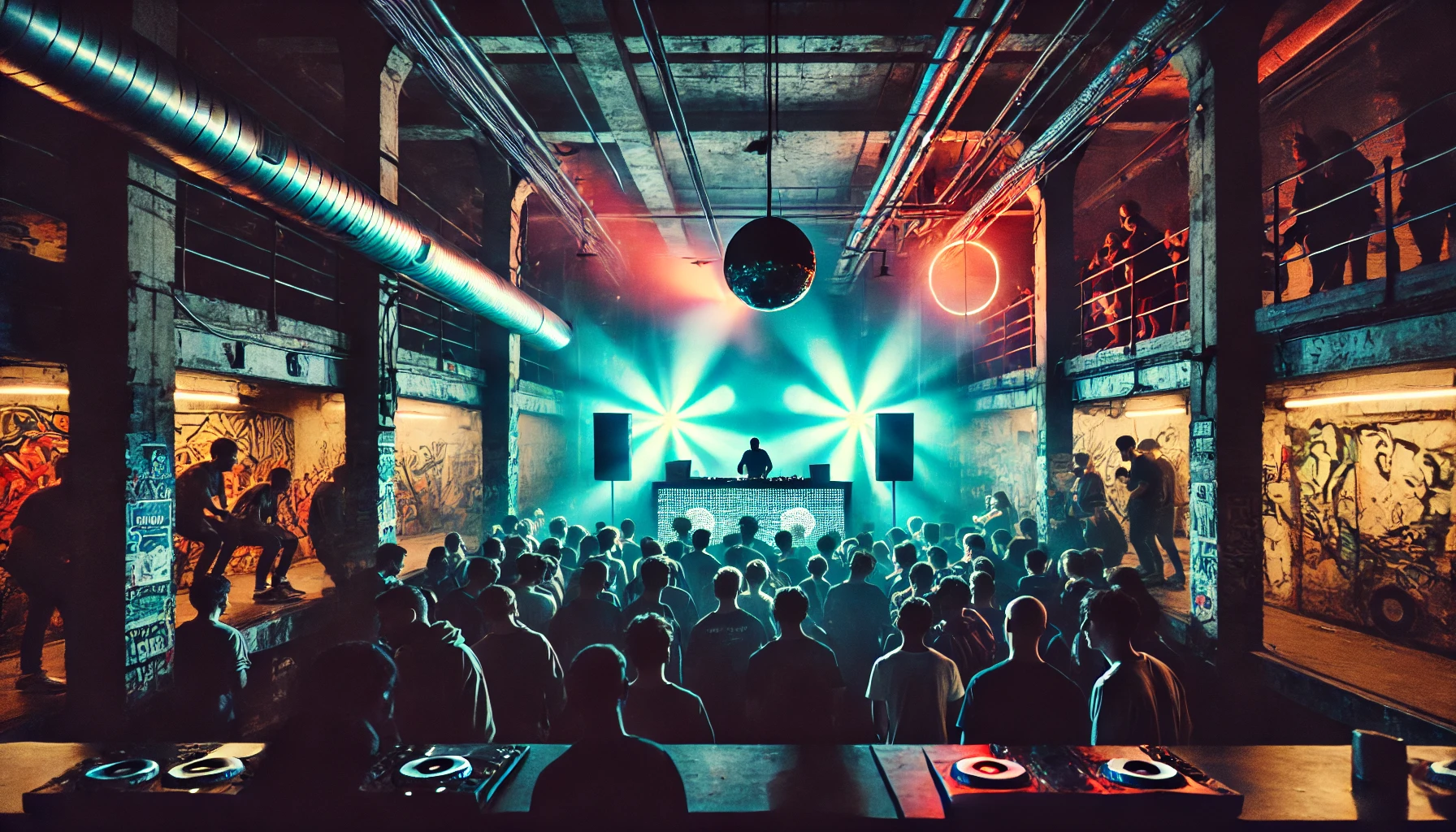 Parisian techno club night with flashing neon lights, an industrial setting, and a DJ playing to an energetic crowd. The dancers are