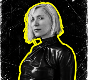 Ellen Allien with a short blonde hairstyle and glossy black top, in a black-and-white portrait outlined in yellow.