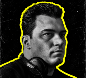 Joey Beltram in a black-and-white portrait with headphones around his neck and a yellow outline.