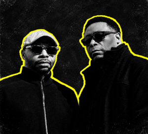 Octave One duo in black-and-white portraits with yellow outlines against a dark background.
