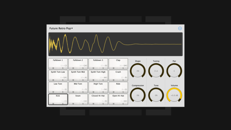 Abstract 16-pad drum sampler with illuminated acid-yellow waveform pads on a charcoal electronic music background.