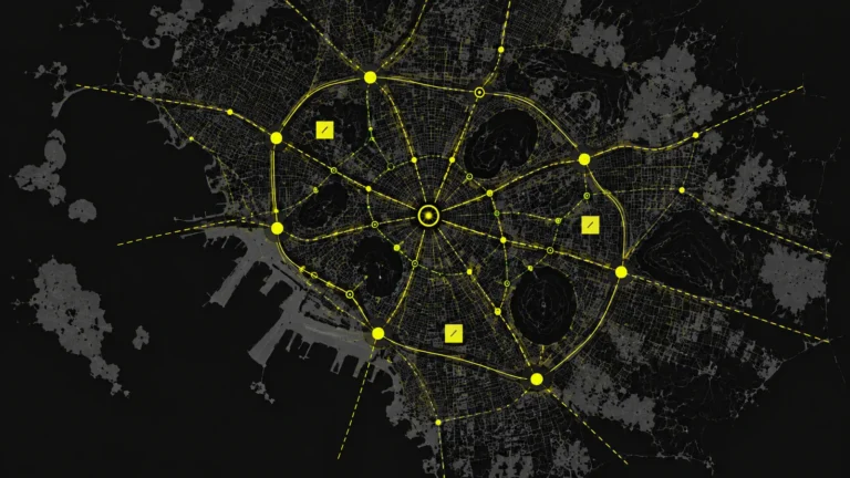 Abstract Athens-inspired city map with charcoal urban geometry and yellow nightlife routes and markers.