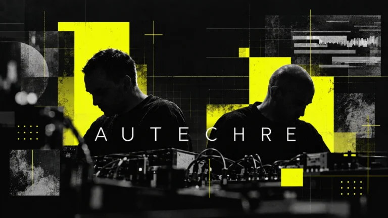 Abstract Autechre-inspired electronic music illustration with two shadowed performers, synthesizer cables and acid-yellow geometric shapes.