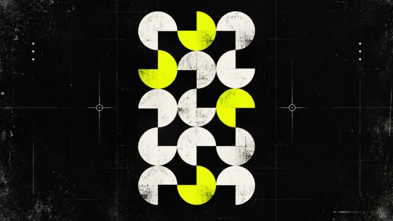 Abstract geometric composition of interlocking white and neon-yellow circular shapes on a textured charcoal background.