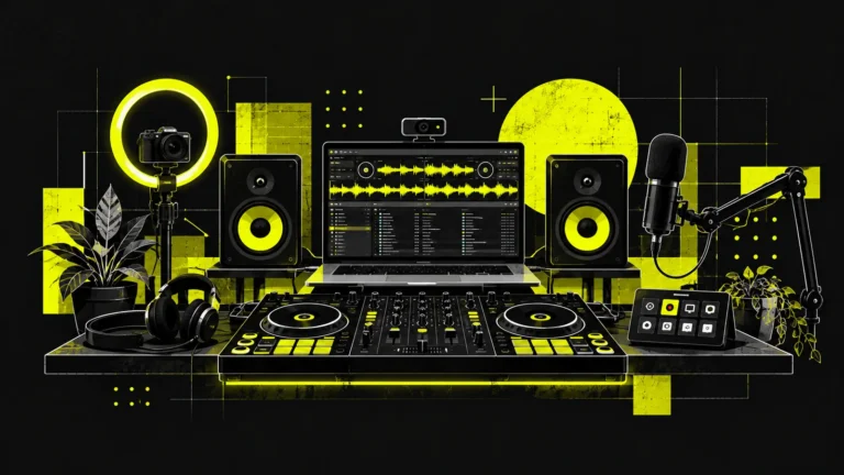 Home DJ livestream setup with a mixing controller, laptop, cameras, studio monitors and microphone in charcoal and neon yellow line art.