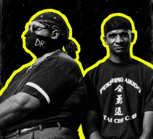 Drexciya duo in black-and-white portraits, outlined in yellow against charcoal black.