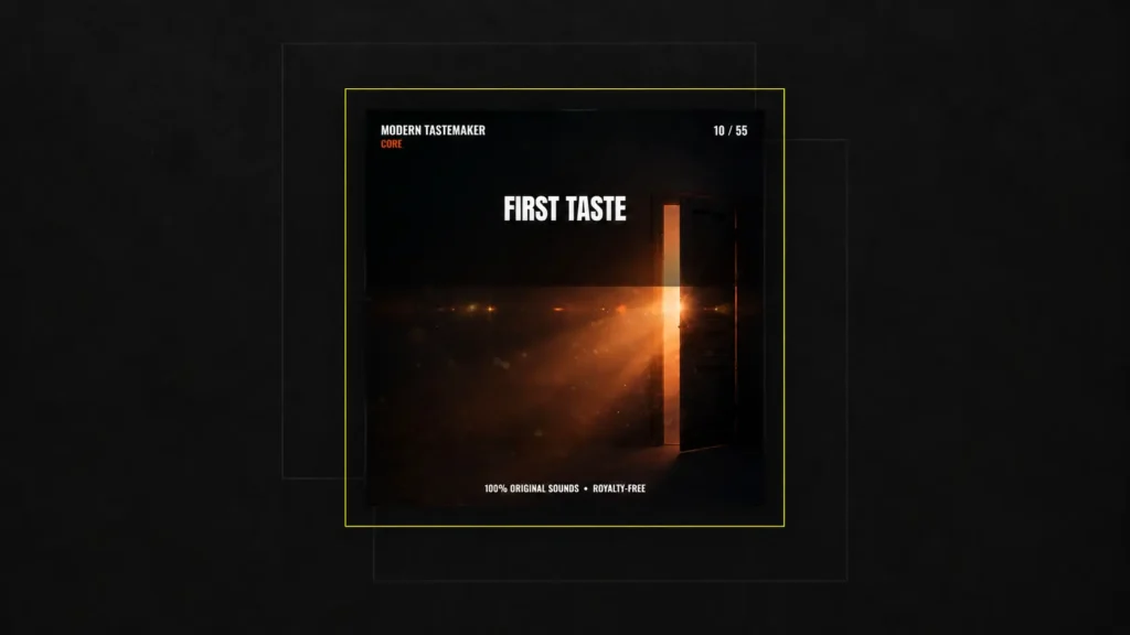 Modern Tastemaker FIRST TASTE cover centred on charcoal with a separate thin yellow square outline and subtle graphite squares.