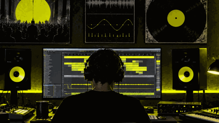 Electronic music producer working on a techno remix in a dark studio with DAW waveforms, synthesizers and acid-yellow lights.