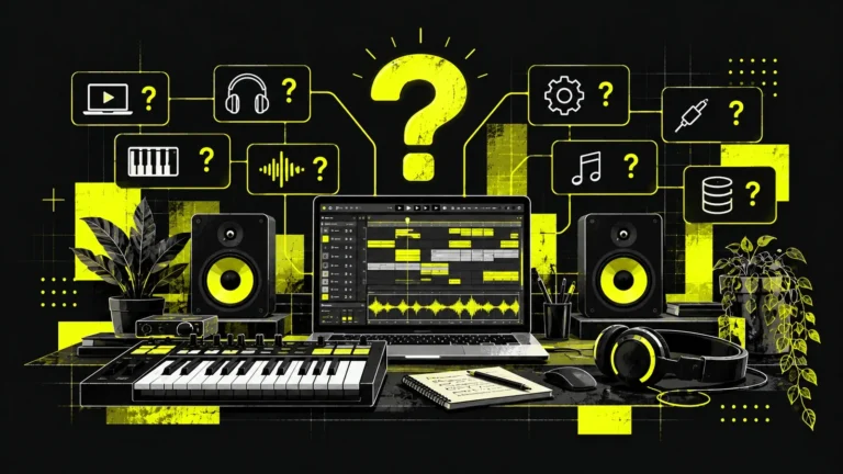 Music copyright infringement illustration with a vinyl record, judge's gavel, scales of justice and sampler in neon yellow and charcoal.