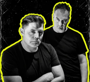 Slam, the Scottish techno duo, in black-and-white portraits with yellow outlines.