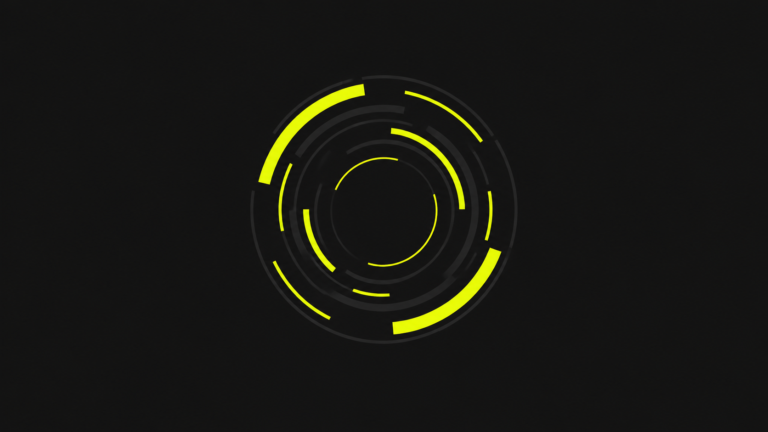 Concentric segmented yellow rings on a charcoal background, representing varied rhythms in techno.