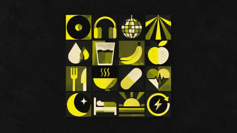 Geometric illustration of music, hydration, food, sleep and recovery symbols for The Rave Diet guide.