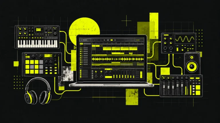 Stylized digital audio workstation displaying audio waveforms, MIDI tracks and mixer controls, surrounded by electronic music production equipment in charcoal and neon yellow.