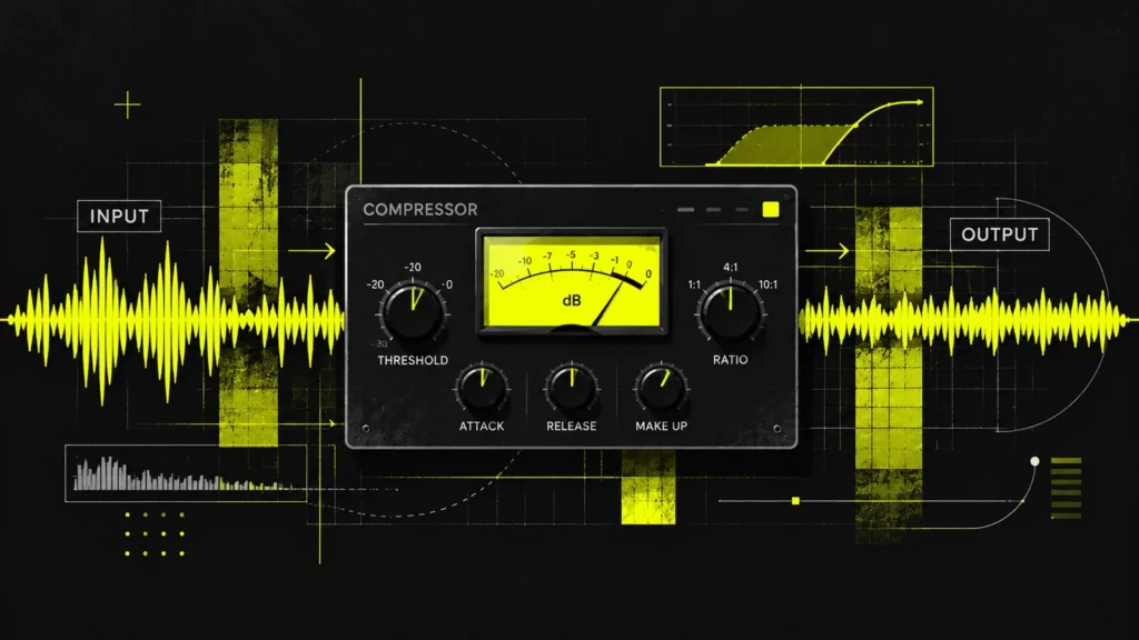 Audio compressor with threshold, ratio, attack and release controls between two yellow sound waveforms on a charcoal background.