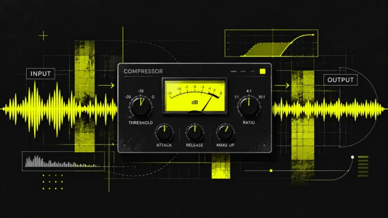 Audio compressor with threshold, ratio, attack and release controls between two yellow sound waveforms on a charcoal background.